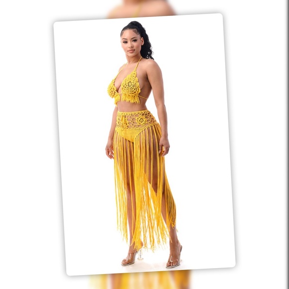 See You In Mexico Marogold Yellow Crochet Fringe Sunsuit Swim CoverUp - Picture 4 of 7